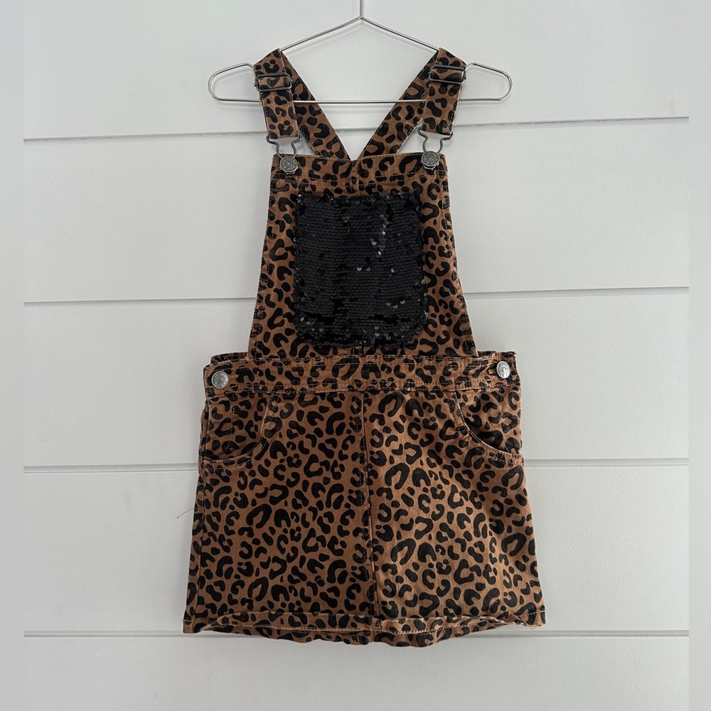 Leopard Print Denim Overall Jumper Skirt - Sequin Pocket -“Mini Bop Kids” Size:7